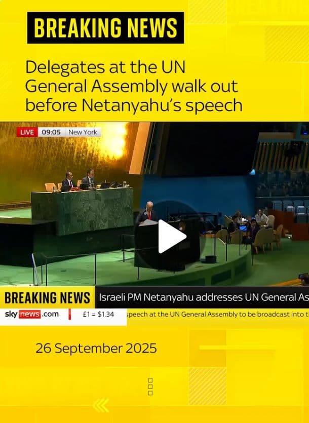 Dozens of delegates walked out of the hall at the General Assembly as Benjamin Netanyahu